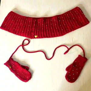 Betsey Johnson Infinity Scarf and Corded Mittens Set Red with Gold Beads